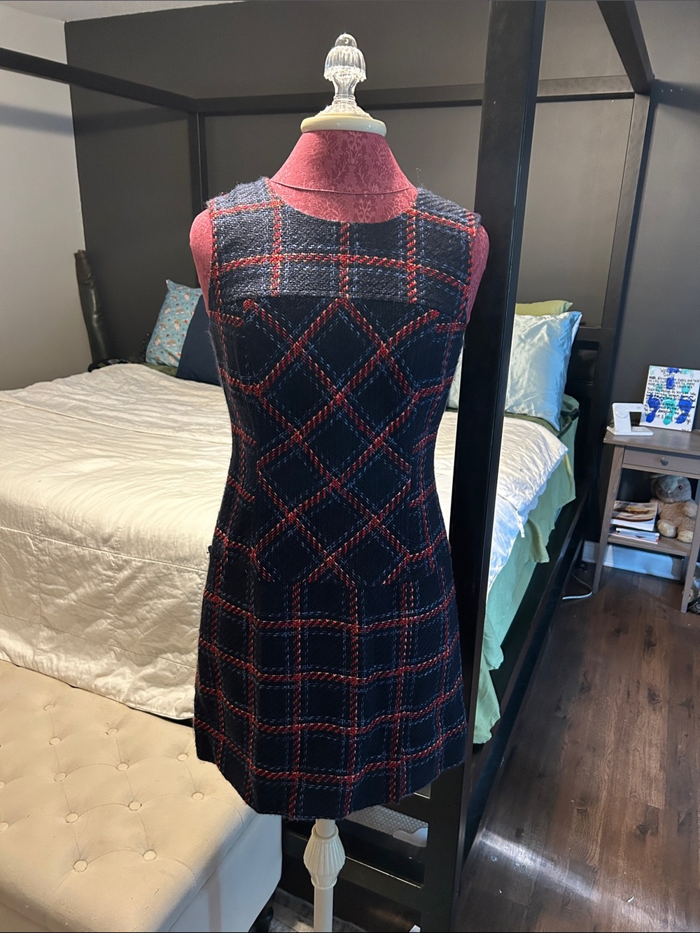 Shoshanna Navy Tweed Sleeveless Shift Dress with Red Windowpane